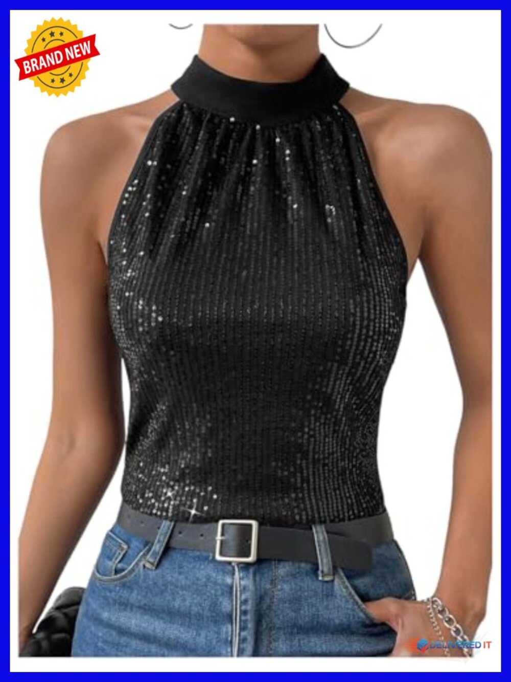 Sequin Halter Top Sleeveless Sparkly Tie Back Business Blouse
